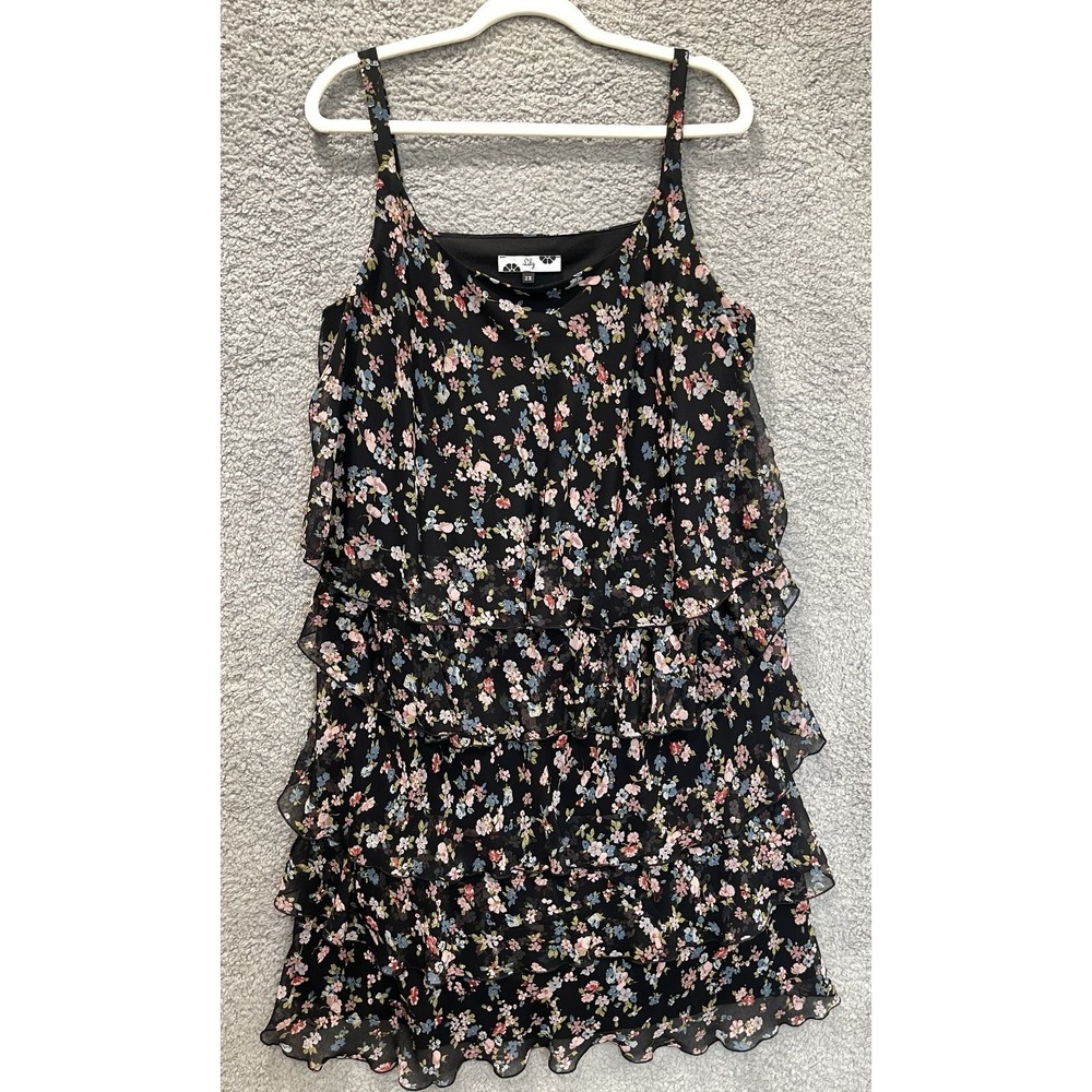 Lily Black Floral Tiered Ruffle Dress Women's 2X Spaghetti Straps Summer Event